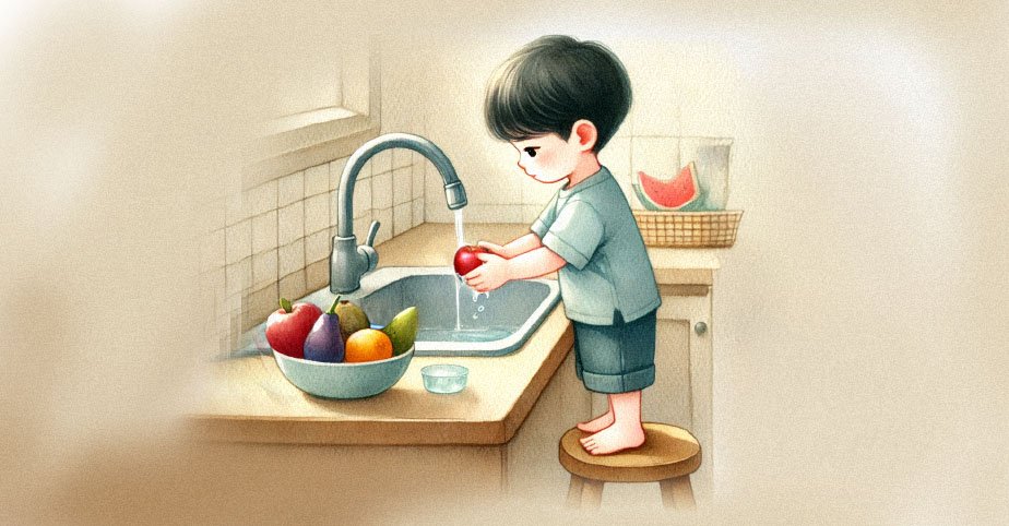 kid washing fruits